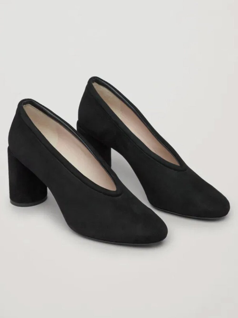 COS Padded Trim Suede Heel Pump V-Cut 70's Cylinder Block Heel EU 37, US 6 $190